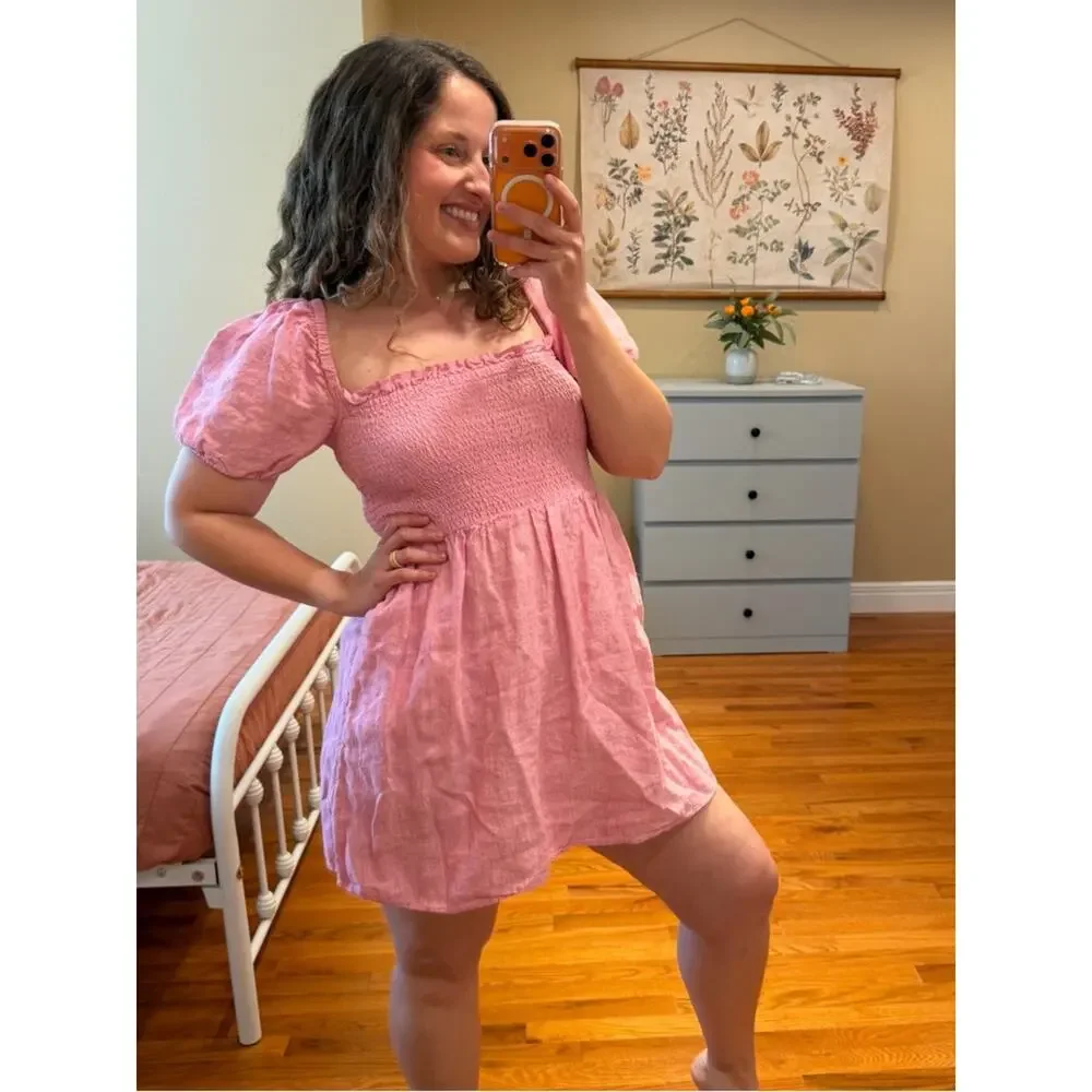 J. Crew Linen Pink Smocked Babydoll Mini Dress Small